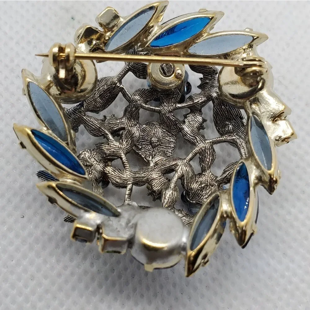 Vintage Blue, Green, & Silver Floral Brooch